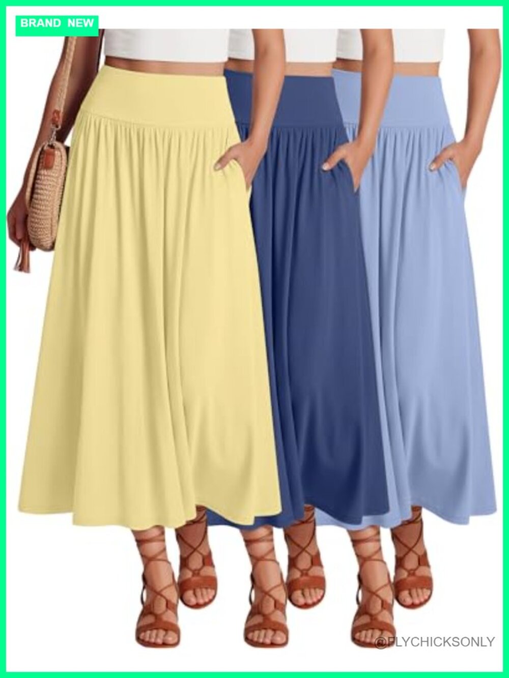 3 Pack Maxi Long Skirts for Women Pleated A-Line Ankle Length Side Pockets